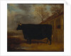A black bull standing by a cowshed, an extensive landscape beyond by James Pollard