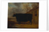 A black bull standing by a cowshed, an extensive landscape beyond by James Pollard
