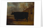 A black bull standing by a cowshed, an extensive landscape beyond by James Pollard