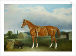 A Chestnut Hunter and a Spaniel by Farm Buildings by John E. Ferneley