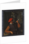 A Peasant in a Red Beret Smoking a Pipe, in an Interior by Adriaen Jansz. van Ostade