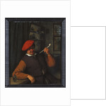 A Peasant in a Red Beret Smoking a Pipe, in an Interior by Adriaen Jansz. van Ostade