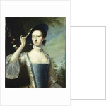 Portrait of a lady by a garland of flowers, in a landscape by Joseph Wright of Derby