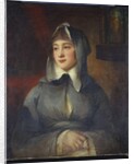 Portrait of a lady, half length, as a nun, holding a rosary, by a shrine in an interior by George Romney