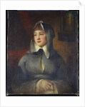 Portrait of a lady, half length, as a nun, holding a rosary, by a shrine in an interior by George Romney