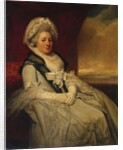 Portrait of Mrs. Uppleby, seated three-quarter length, wearing a white dress and bonnet with a black shawl by George Romney