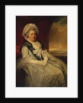 Portrait of Mrs. Uppleby, seated three-quarter length, wearing a white dress and bonnet with a black shawl by George Romney