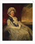 Portrait of Mrs. Uppleby, seated three-quarter length, wearing a white dress and bonnet with a black shawl by George Romney
