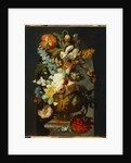 Tulips, Roses, Hyacinth, Auricula and other Flowers in a Sculpted Urn on a Stone Pedestal in a Niche. by Jan van (follower of) Huysum