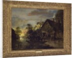 A River Landscape with Peasants Ferrying a Bull, Peasants by a Cottage Beyond by Aert van der Neer