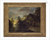 A River Landscape with Peasants Ferrying a Bull, Peasants by a Cottage Beyond by Aert van der Neer