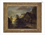 A River Landscape with Peasants Ferrying a Bull, Peasants by a Cottage Beyond by Aert van der Neer