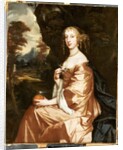 Portrait of Lady Penelope Nicholas, holding an orange in a landscape by Peter Lely