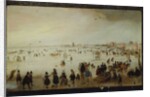 Skaters, golf players, elegant ladies and gentleman on frozen floodwaters by the Broederpoort at Kampen by Hendrik Avercamp