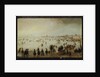 Skaters, golf players, elegant ladies and gentleman on frozen floodwaters by the Broederpoort at Kampen by Hendrik Avercamp