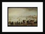 Skaters, golf players, elegant ladies and gentleman on frozen floodwaters by the Broederpoort at Kampen by Hendrik Avercamp