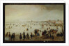 Skaters, golf players, elegant ladies and gentleman on frozen floodwaters by the Broederpoort at Kampen by Hendrik Avercamp