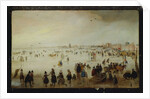 Skaters, golf players, elegant ladies and gentleman on frozen floodwaters by the Broederpoort at Kampen by Hendrik Avercamp