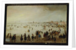 Skaters, golf players, elegant ladies and gentleman on frozen floodwaters by the Broederpoort at Kampen by Hendrik Avercamp
