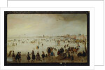 Skaters, golf players, elegant ladies and gentleman on frozen floodwaters by the Broederpoort at Kampen by Hendrik Avercamp