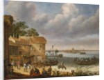 Peasants on the beach with a ferry by Adam Willaerts