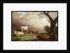 Cattle in a field, with travellers in a wagon on a track beyond and a church tower in the distance, a rain storm approaching, 1652 by Paulus Potter