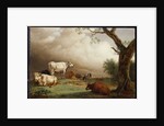 Cattle in a field, with travellers in a wagon on a track beyond and a church tower in the distance, a rain storm approaching, 1652 by Paulus Potter