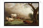 Cattle in a field, with travellers in a wagon on a track beyond and a church tower in the distance, a rain storm approaching, 1652 by Paulus Potter