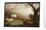Cattle in a field, with travellers in a wagon on a track beyond and a church tower in the distance, a rain storm approaching, 1652 by Paulus Potter