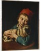 A boy, half length, in a blue jacket and a red hat, holding a pug on a cushion by Giacomo Ceruti