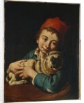 A boy, half length, in a blue jacket and a red hat, holding a pug on a cushion by Giacomo Ceruti