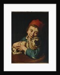 A boy, half length, in a blue jacket and a red hat, holding a pug on a cushion by Giacomo Ceruti
