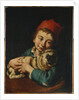 A boy, half length, in a blue jacket and a red hat, holding a pug on a cushion by Giacomo Ceruti