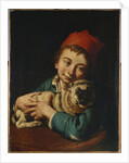 A boy, half length, in a blue jacket and a red hat, holding a pug on a cushion by Giacomo Ceruti