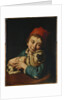 A boy, half length, in a blue jacket and a red hat, holding a pug on a cushion by Giacomo Ceruti