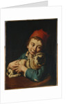 A boy, half length, in a blue jacket and a red hat, holding a pug on a cushion by Giacomo Ceruti