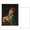 A boy, half length, in a blue jacket and a red hat, holding a pug on a cushion by Giacomo Ceruti