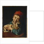 A boy, half length, in a blue jacket and a red hat, holding a pug on a cushion by Giacomo Ceruti
