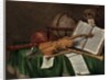 Vanitas still life with an astrological globe, a violin, a skull, an hourglass, an open book, a score, a watch, a lute and other musical instruments on a draped table, 1680s by Edwaert Colyer or Collier