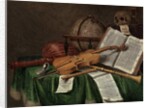 Vanitas still life with an astrological globe, a violin, a skull, an hourglass, an open book, a score, a watch, a lute and other musical instruments on a draped table, 1680s by Edwaert Colyer or Collier