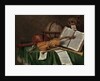 Vanitas still life with an astrological globe, a violin, a skull, an hourglass, an open book, a score, a watch, a lute and other musical instruments on a draped table, 1680s by Edwaert Colyer or Collier