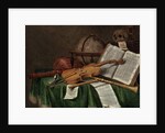 Vanitas still life with an astrological globe, a violin, a skull, an hourglass, an open book, a score, a watch, a lute and other musical instruments on a draped table, 1680s by Edwaert Colyer or Collier