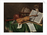 Vanitas still life with an astrological globe, a violin, a skull, an hourglass, an open book, a score, a watch, a lute and other musical instruments on a draped table, 1680s by Edwaert Colyer or Collier