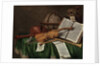 Vanitas still life with an astrological globe, a violin, a skull, an hourglass, an open book, a score, a watch, a lute and other musical instruments on a draped table, 1680s by Edwaert Colyer or Collier