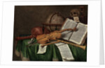 Vanitas still life with an astrological globe, a violin, a skull, an hourglass, an open book, a score, a watch, a lute and other musical instruments on a draped table, 1680s by Edwaert Colyer or Collier