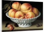 Peaches in a pierced white faience basket by Fede Galizia