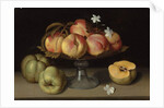 Peaches in a glass bowl, apples and jasmine flowers by Fede Galizia