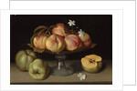 Peaches in a glass bowl, apples and jasmine flowers by Fede Galizia
