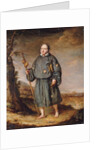 Portrait of a gentleman as a pilgrim, on a track, holding a staff with a gourd and a bible, 1836 by Edward Daniel Leahy