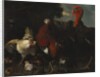 A Hen, Rooster and Turkey in a Farmyard by Melchior de (attr. to) Hondecoeter